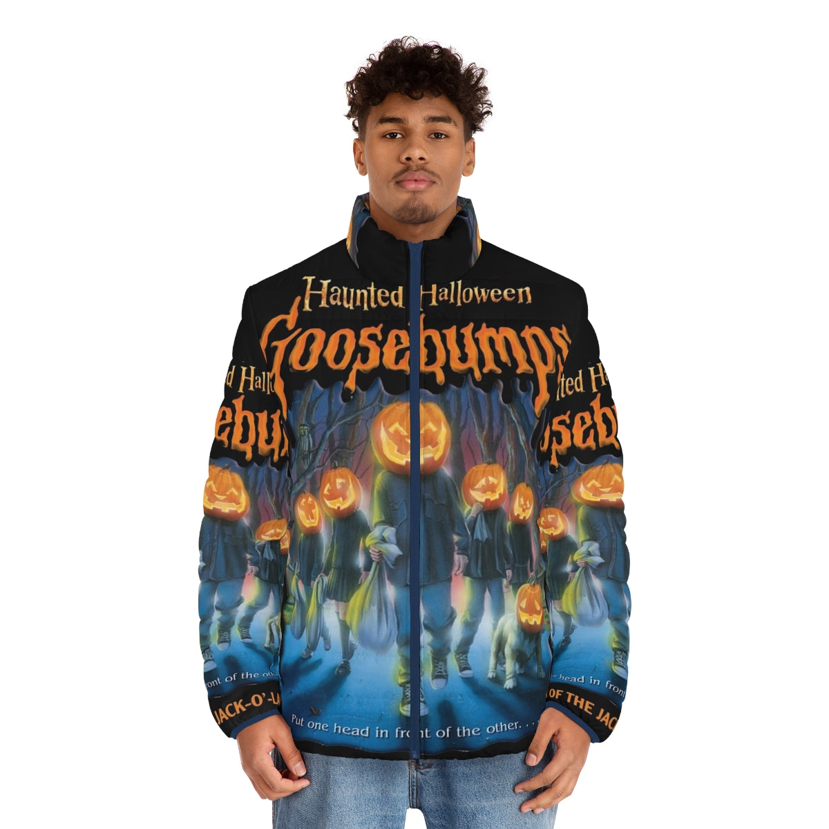 A spooky puffer jacket featuring a jack o' lantern design, perfect for a haunted Halloween costume. - men front