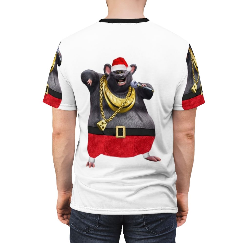 Whimsical illustration of Biggie Cheese character in a Christmas-themed design on a t-shirt - men back