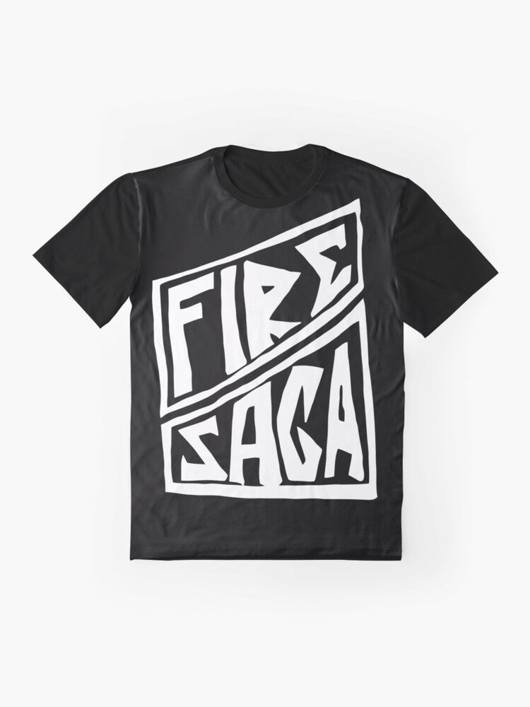 Fire Saga Eurovision-Inspired Graphic T-Shirt, featuring the logo and characters from the film "The Story of Fire Saga" - Flat lay