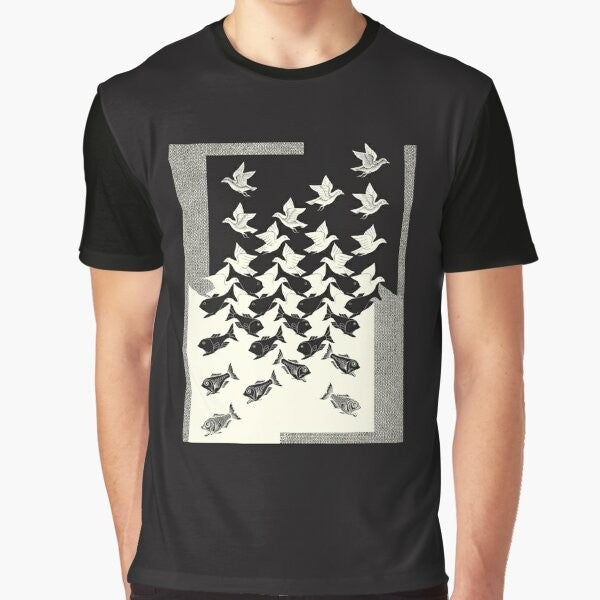 Vintage graphic t-shirt featuring M.C. Escher's "Sky and Water II" artwork with a dark background