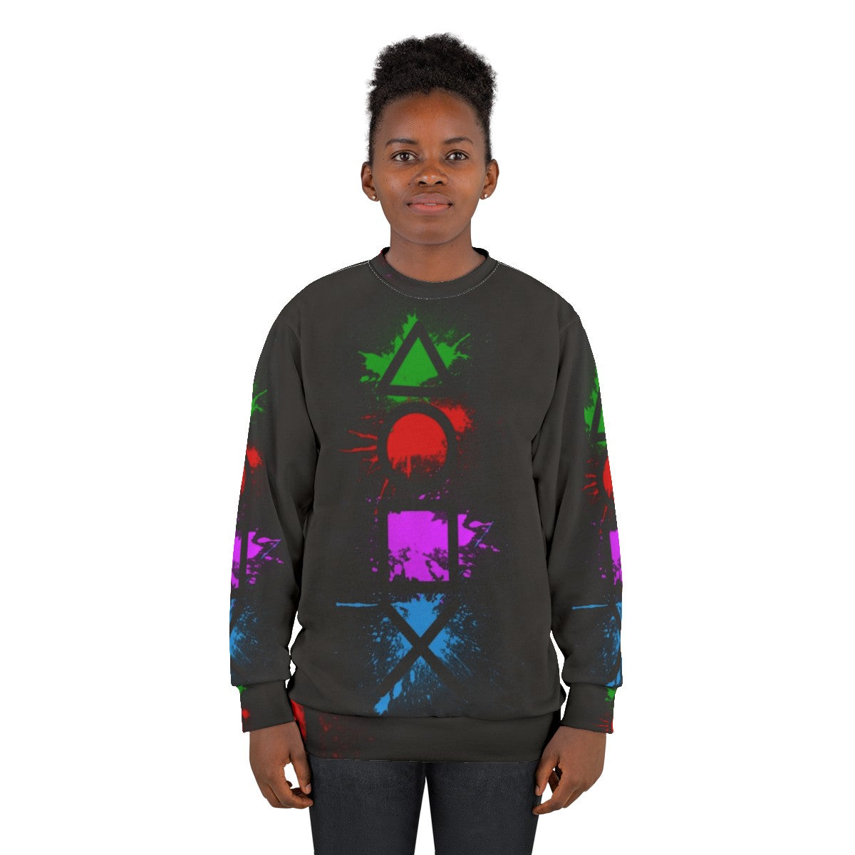 Playstation controller buttons splatter design on a cozy sweatshirt - women