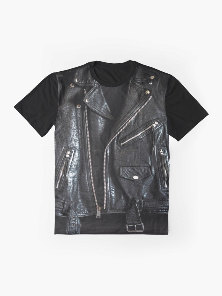 Black leather jacket graphic t-shirt with biker and motorcycle design - Flat lay