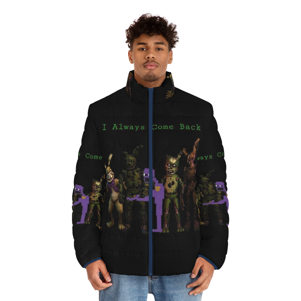 I Always Come Back Puffer Jacket featuring Springtrap, the iconic FNAF villain - men front