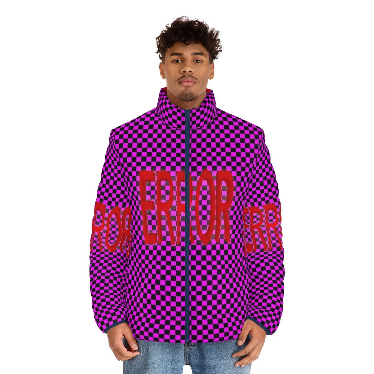 Glitched puffer jacket with error missing texture design, perfect for video game fans - men front