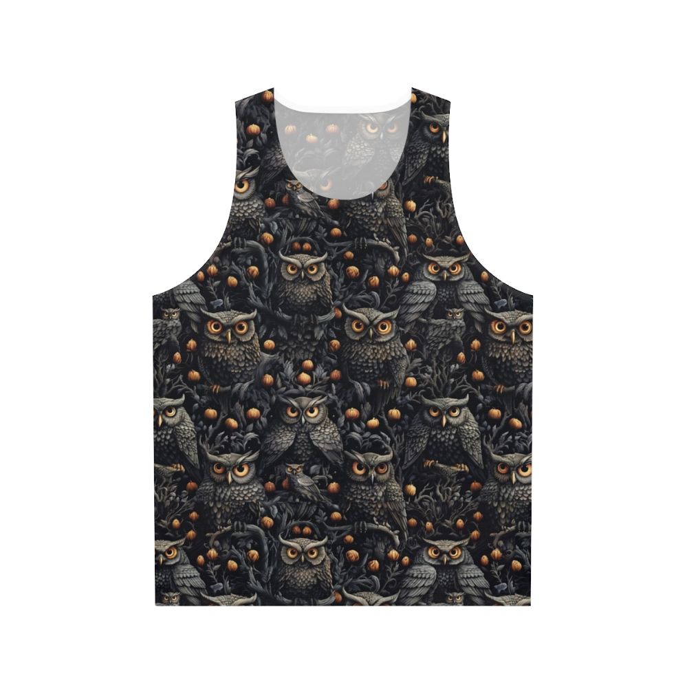 Unisex Halloween tank top with spooky owl and witch design