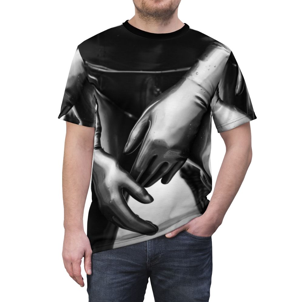 A black and white t-shirt design featuring a close-up of latex gloves with a shallow depth of field, creating an artsy and stylized look. - men front