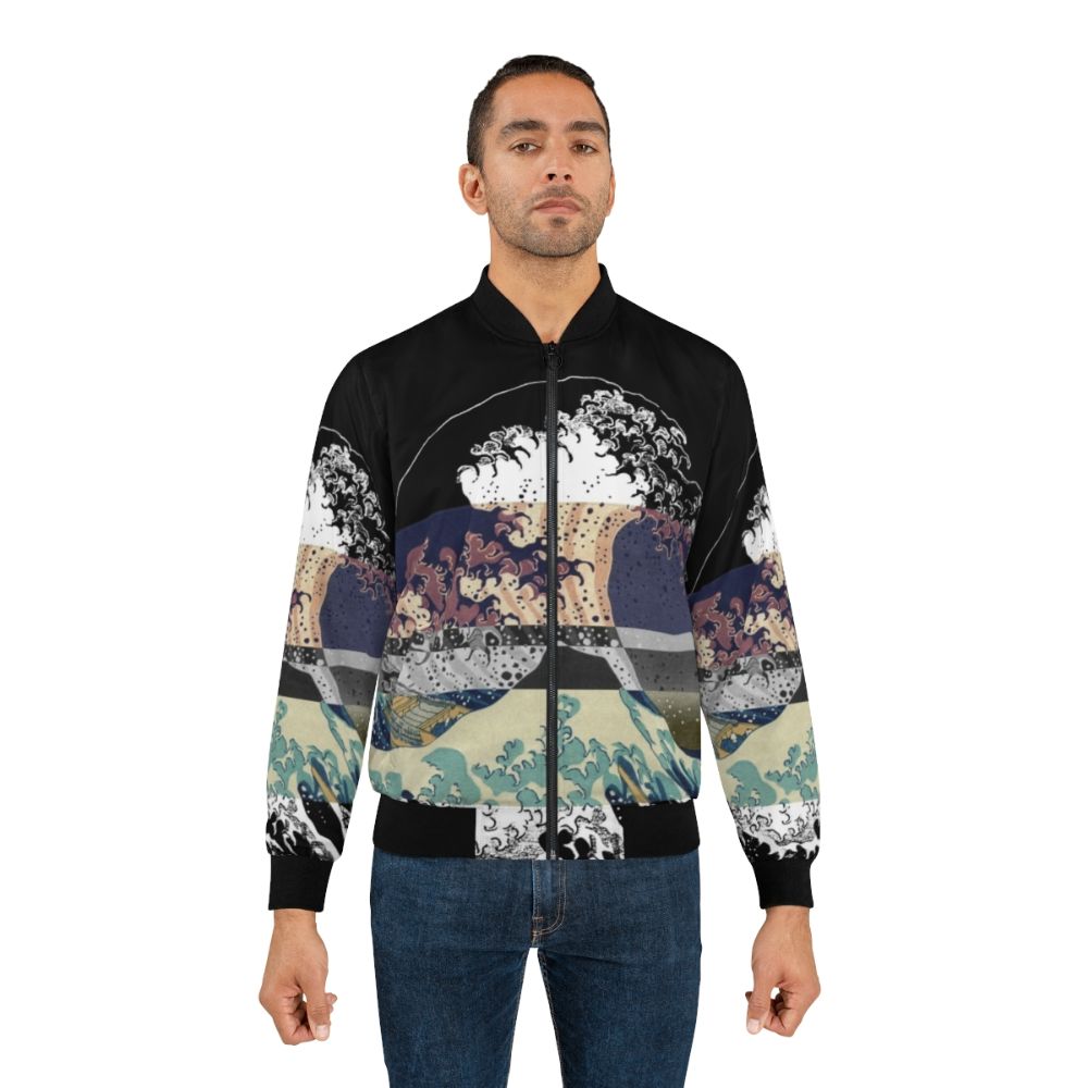 A bomber jacket featuring a colorful, glitched version of Hokusai's famous "The Great Wave" design. - Lifestyle