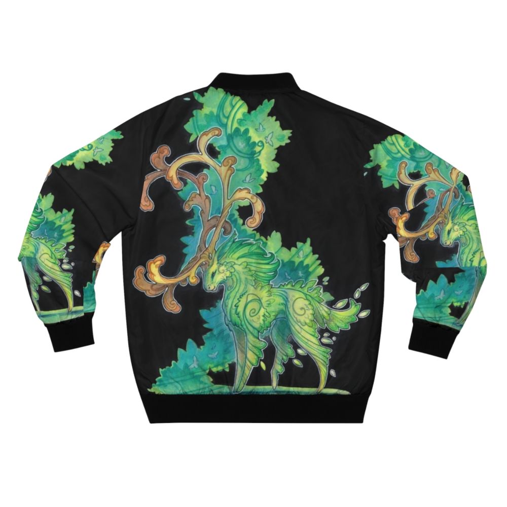 Drachenmagier forest spirit bomber jacket with green foliage, antlers, and traditional art design - Back