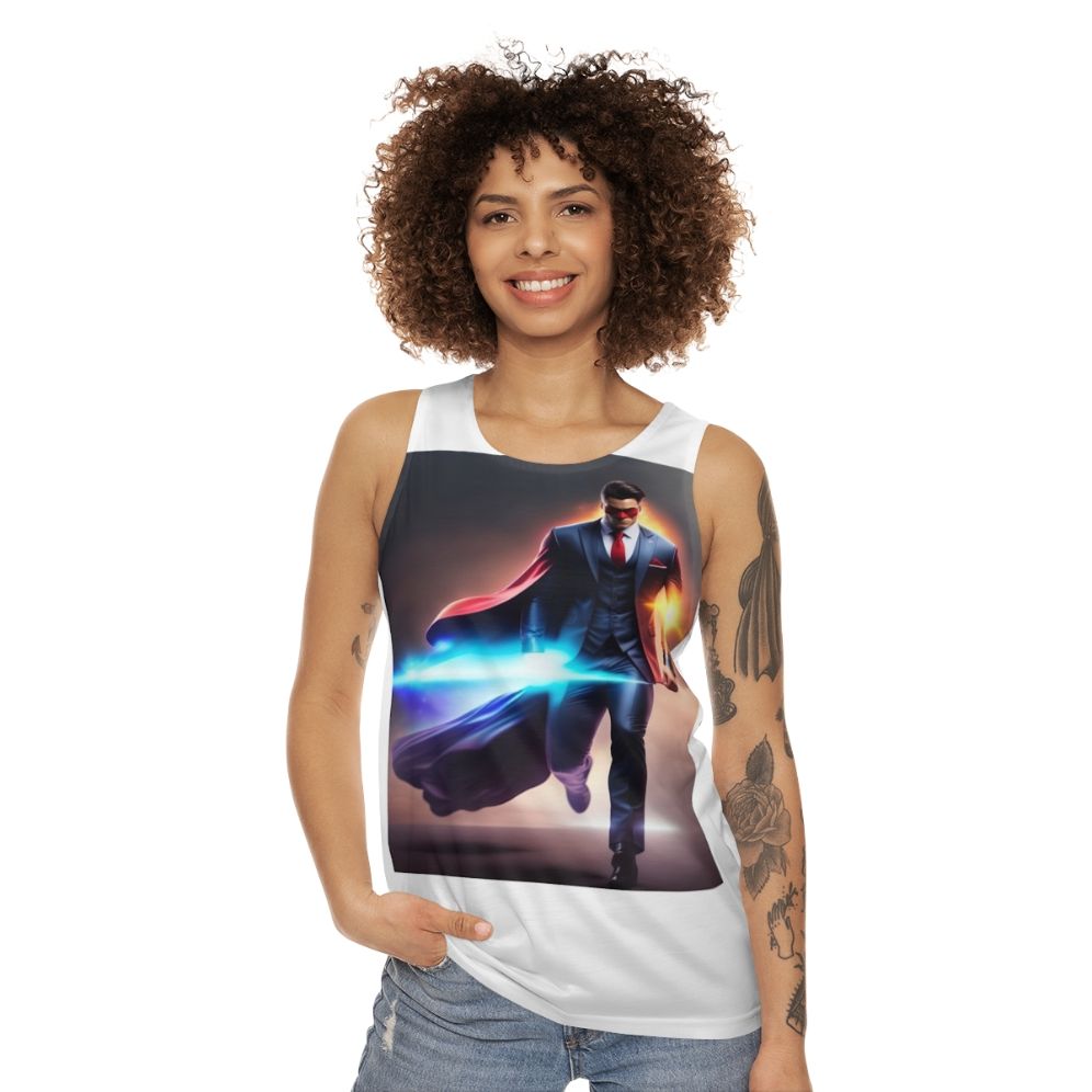 Unisex superhero tank top with graphic slogan design - women