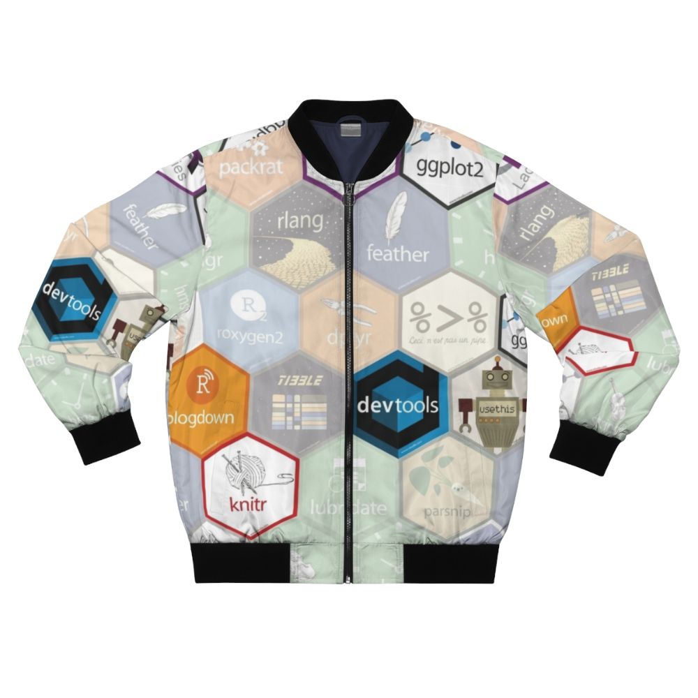 Hex design bomber jacket with large hexagonal patterns, perfect for R programming enthusiasts