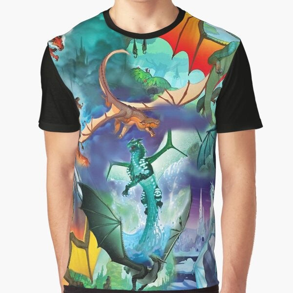 Wings of Fire dragon graphic t-shirt with all dragon patterns on a background