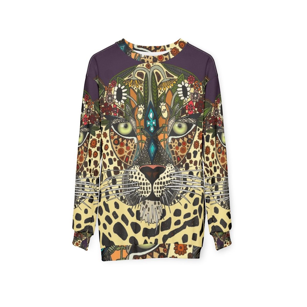 Leopard print sweatshirt with tribal and botanical design - hanging