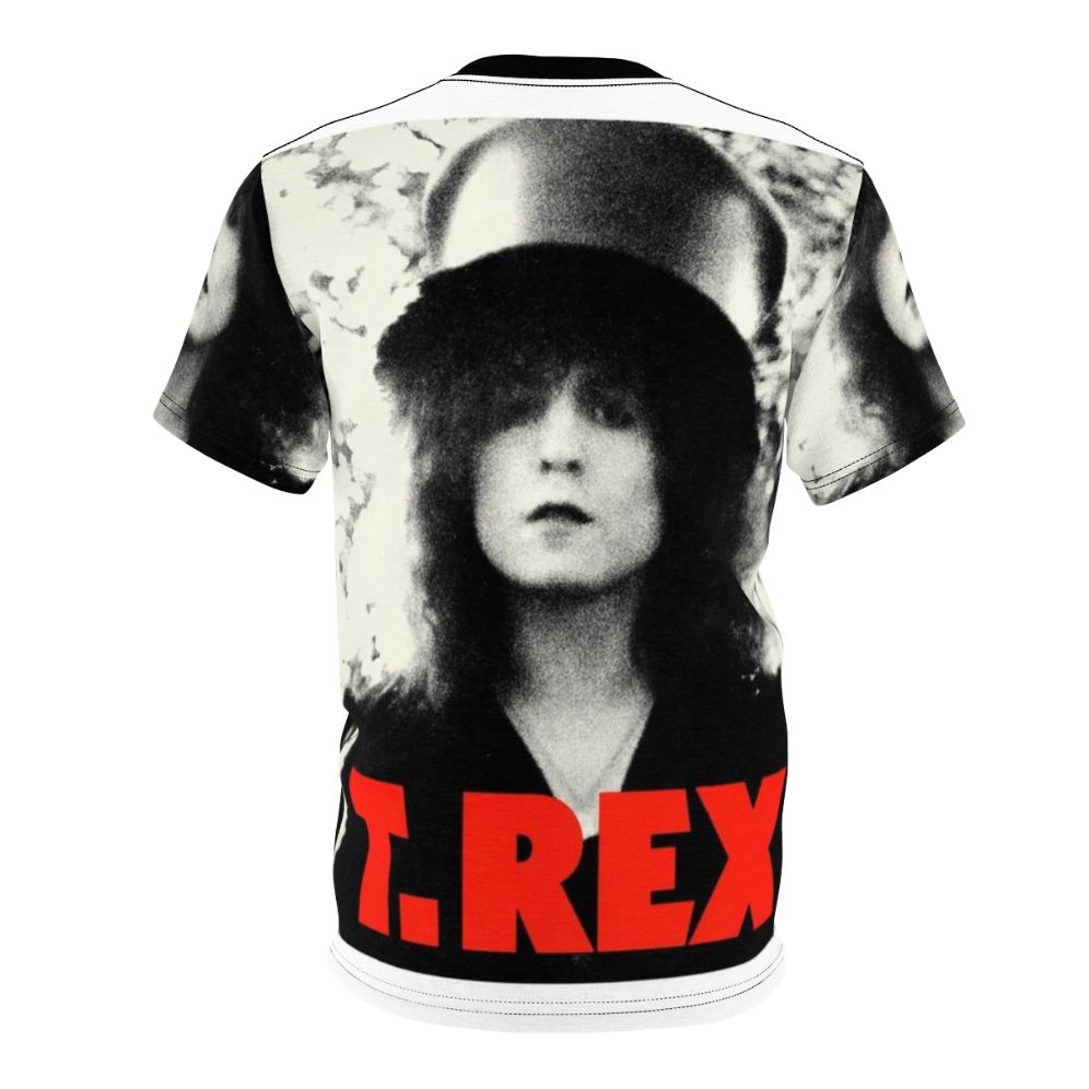 Vibrant AOP t-shirt featuring a stylized T-Rex design, perfect for fans of the glam rock era and the music of Marc Bolan. - Back