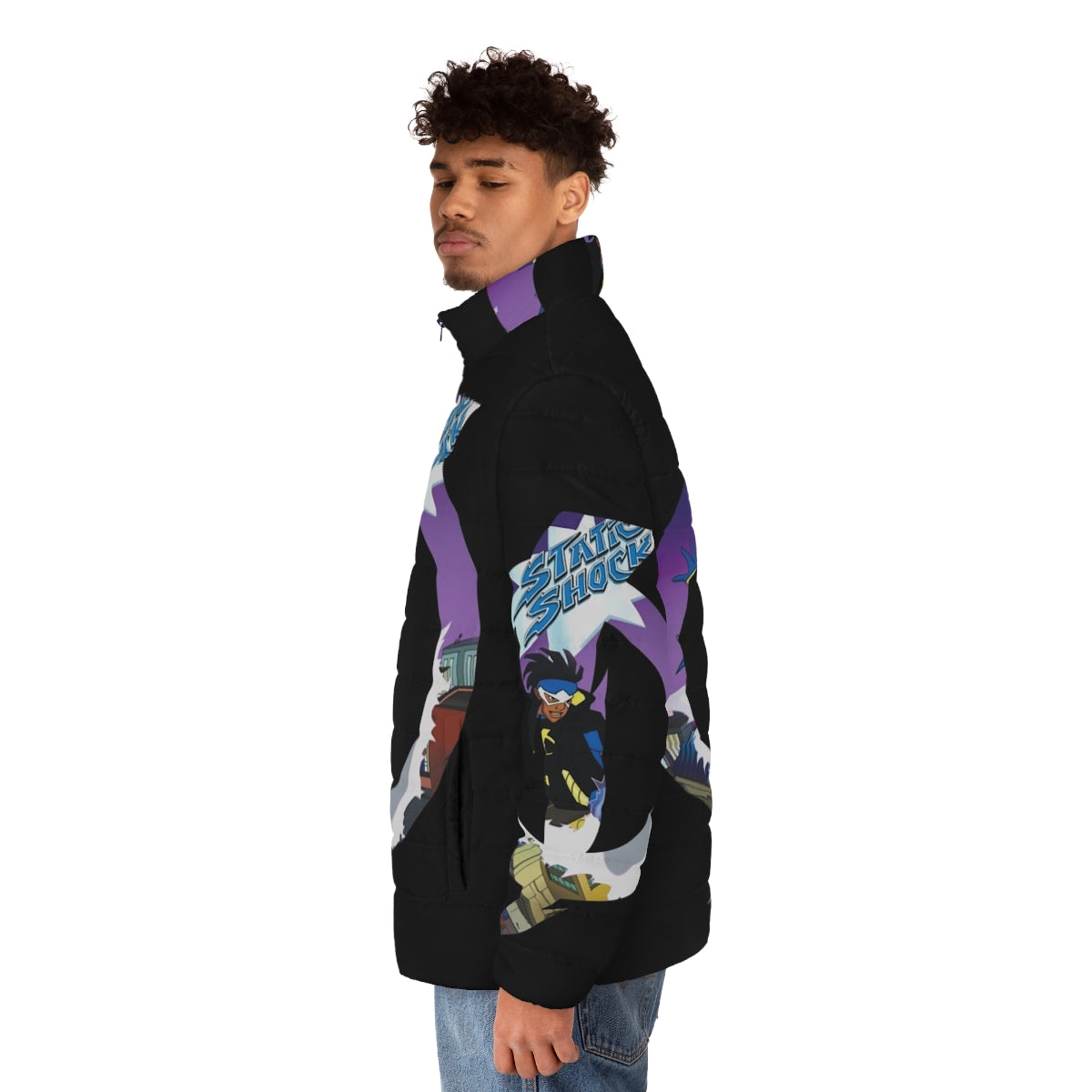 Static Shock Puffer Jacket with Lightning Bolt Design - men side left