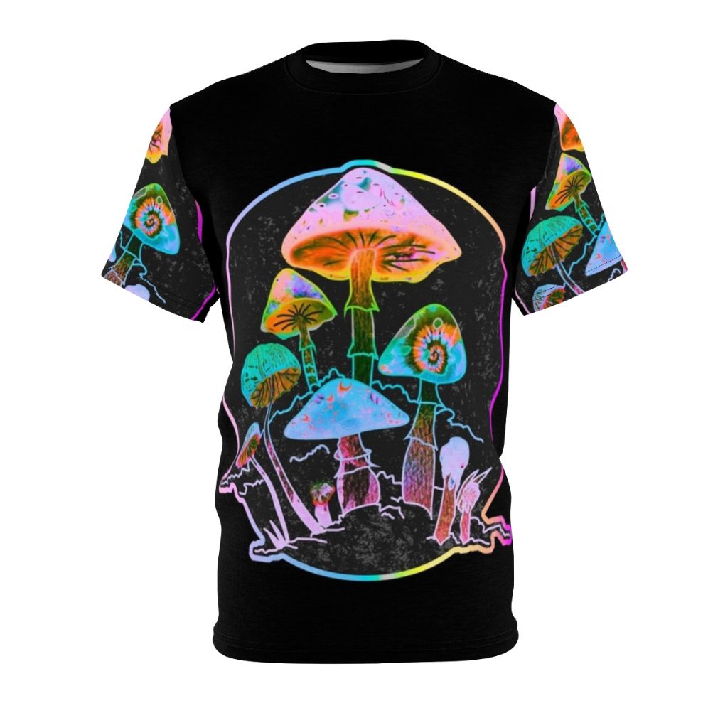 Trippy mushroom design t-shirt with colorful, psychedelic, and consciousness-themed graphics