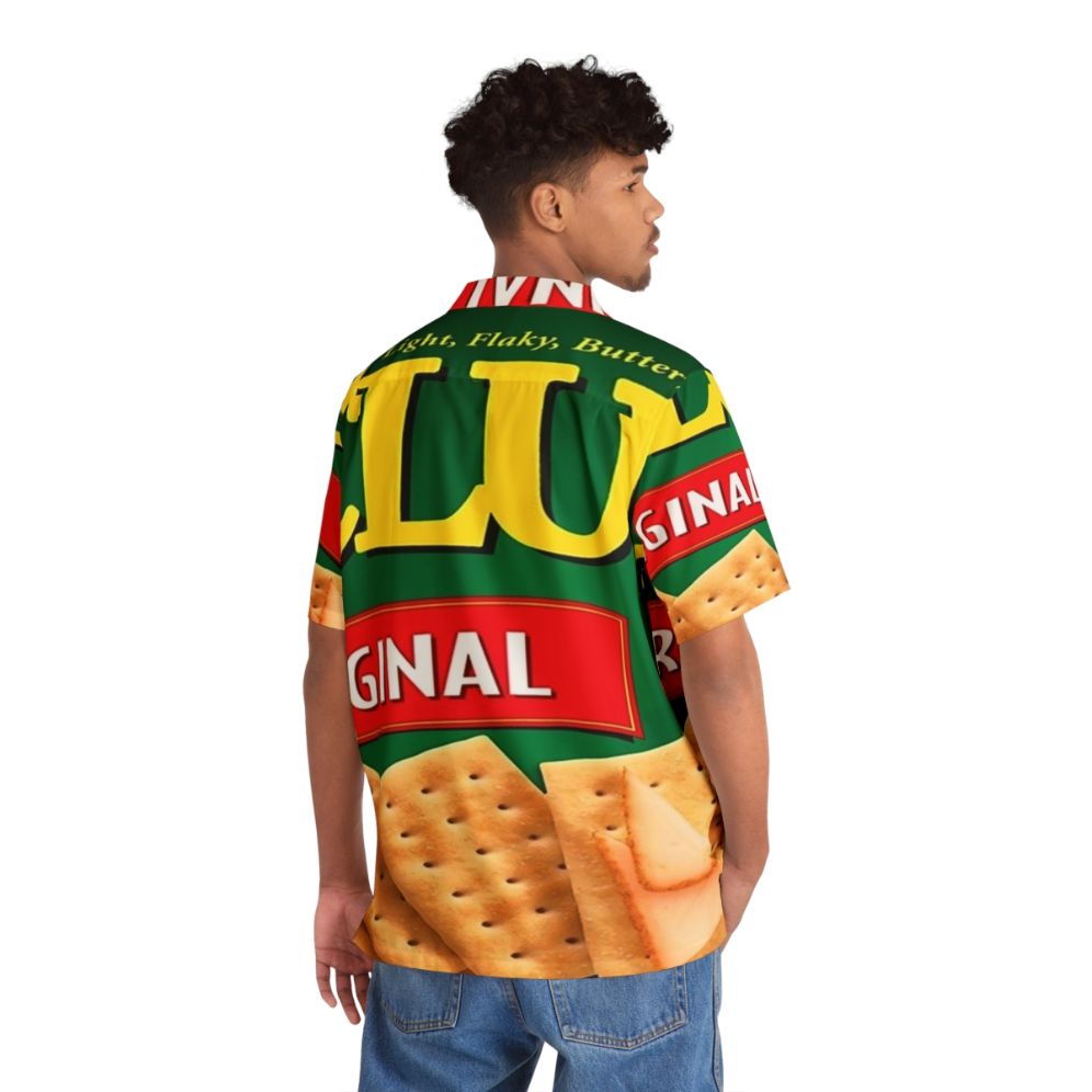 Food-inspired Hawaiian shirt featuring crackers, cheez-its, and other snack elements - People Back