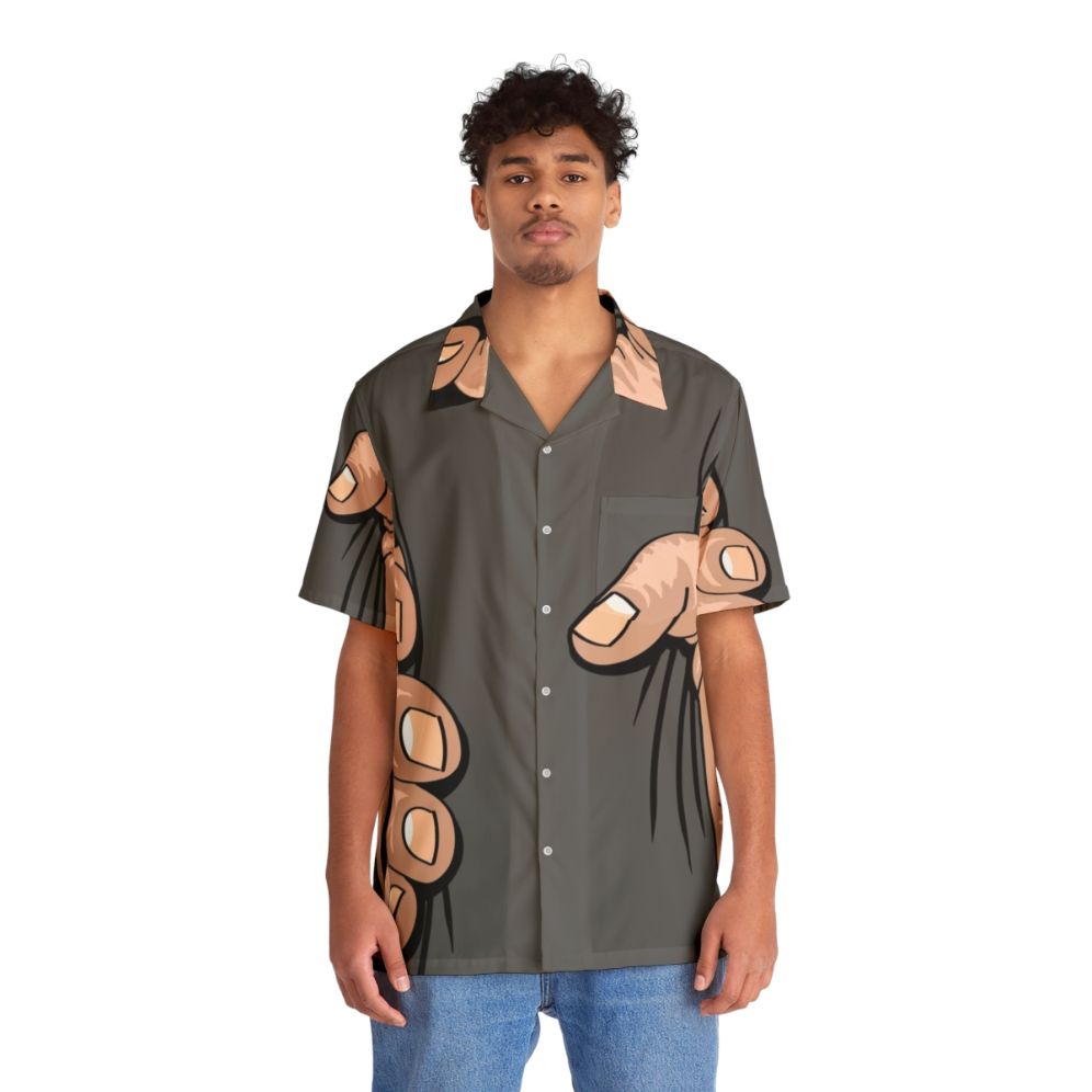 Big hand squeezing a Hawaiian shirt, humorous costume design - People Front