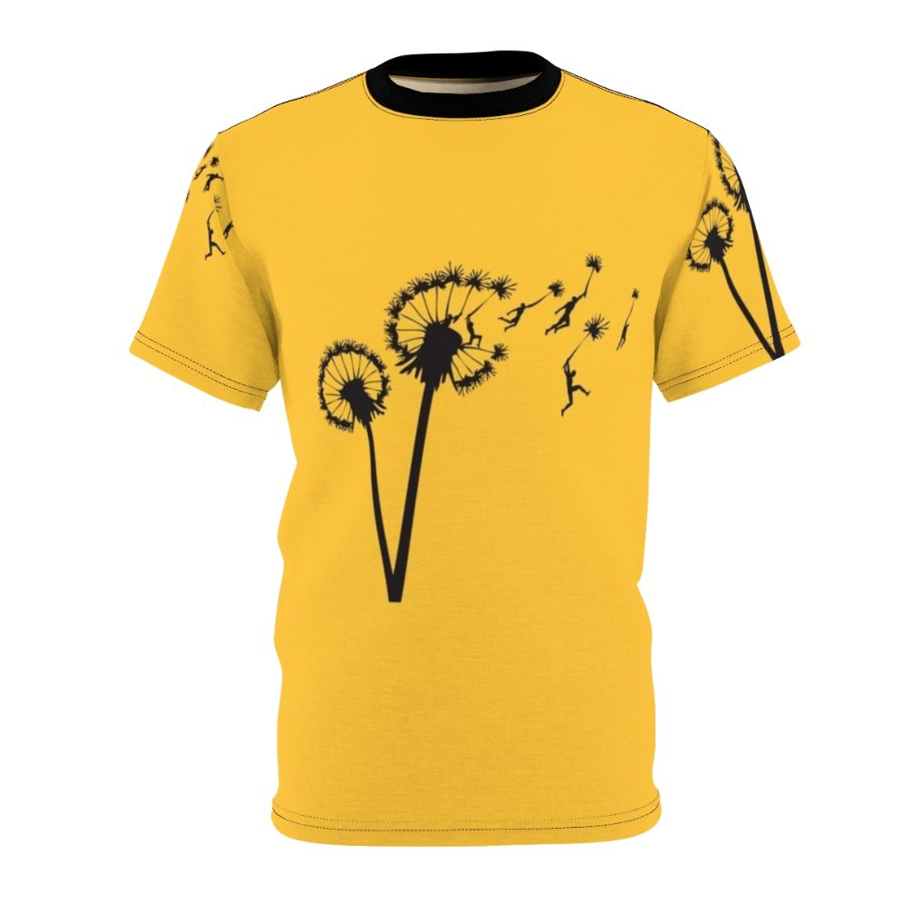 Whimsical illustration of dandelion seeds floating in the wind, with stylized human silhouettes