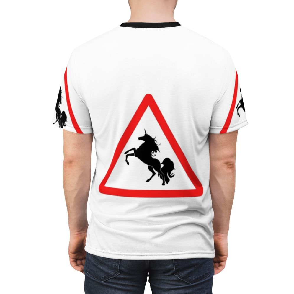 T-shirt featuring a colorful, whimsical design of legendary animals like unicorns and dragons - men back