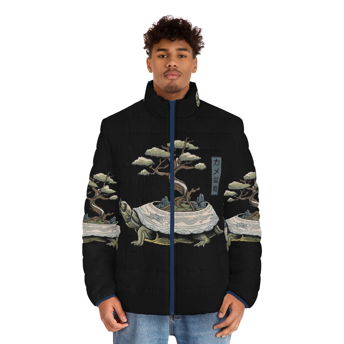 A puffer jacket with a turtle or "kame" design, featuring a Japanese-inspired nature theme. - men front