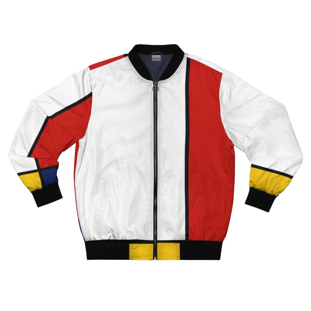 Colorful Mondrian-inspired geometric pattern bomber jacket