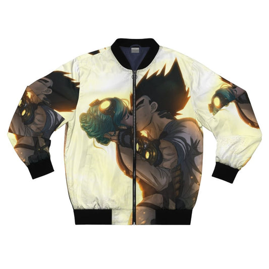 Anime-inspired bomber jacket with a design featuring Vegeta and Bulma from Dragon Ball