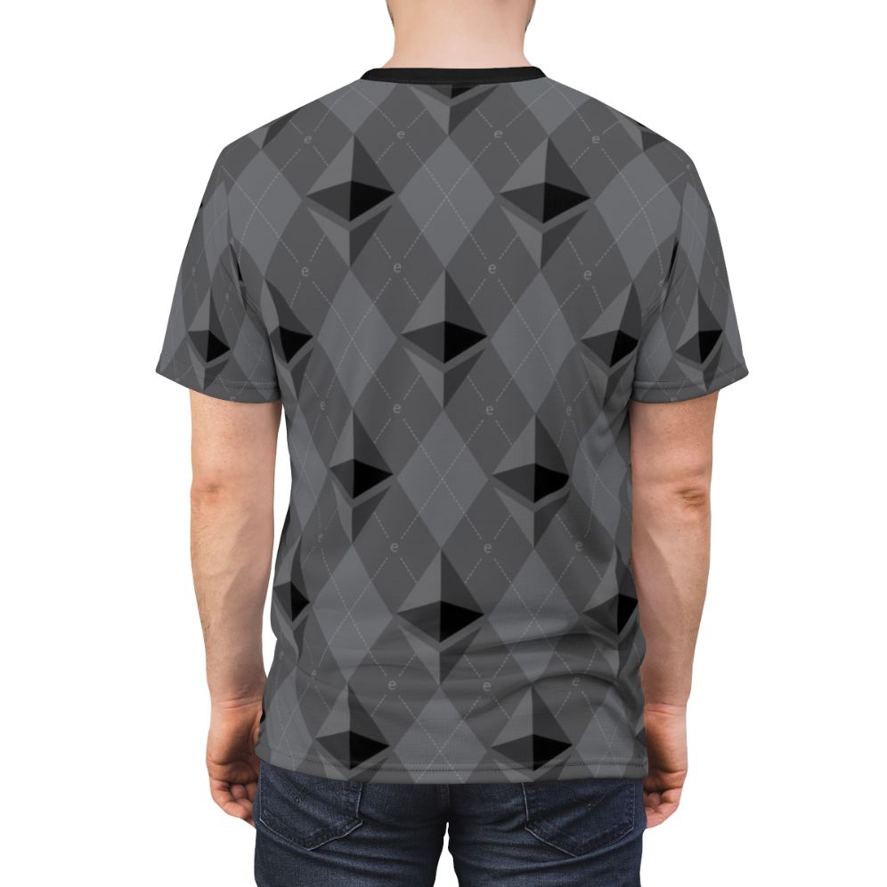 Ethereum-inspired crypto pattern design on a t-shirt for blockchain and digital currency enthusiasts - men back