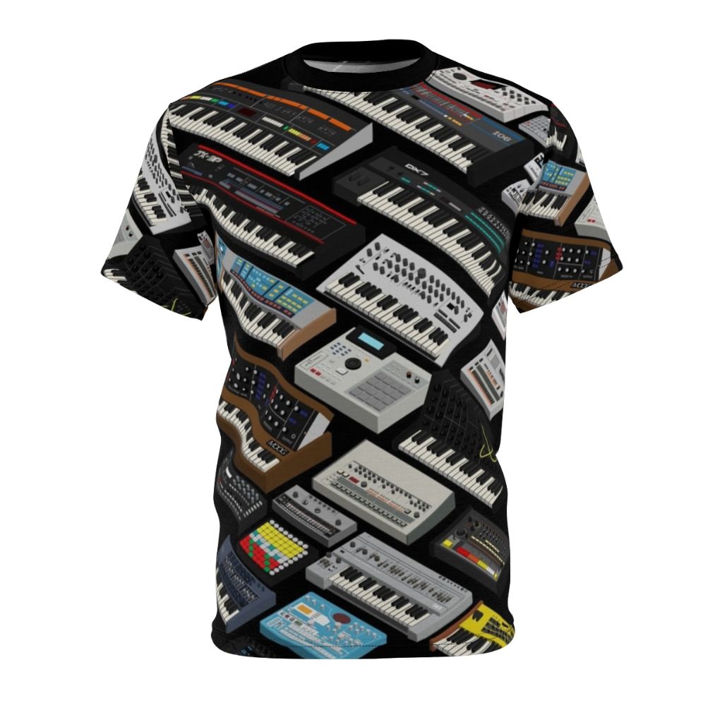 Person wearing a t-shirt with a synthesizer design, celebrating the love for electronic music production and vintage synths.