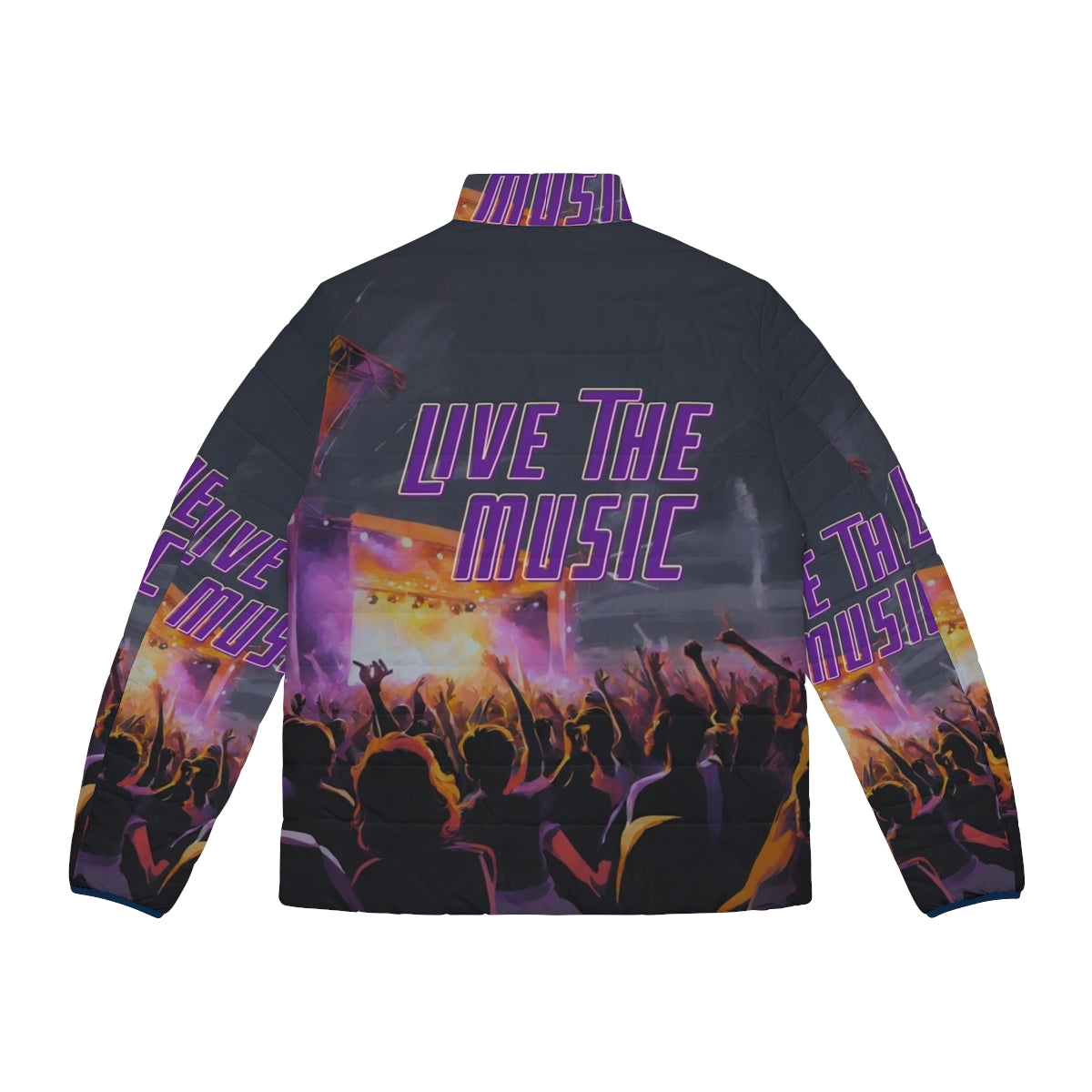 Live The Music Puffer Jacket, featuring music-inspired design and techno fashion style - Back