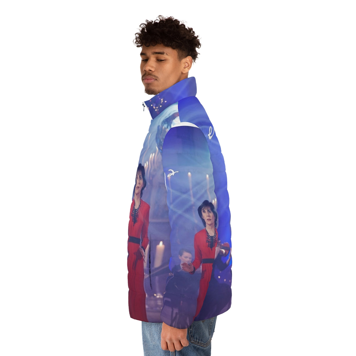 Enya-inspired puffer jacket with winter motifs and music-themed design - men side left