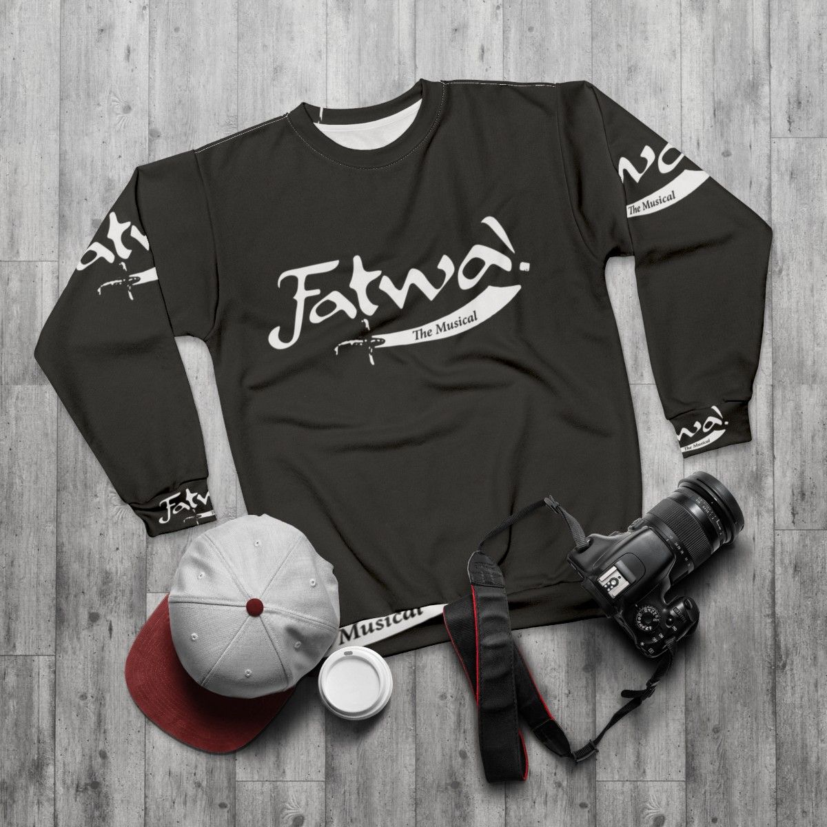 Fatwa The Musical Sweatshirt featuring Curb Your Enthusiasm and Hamilton inspired designs - flat lay