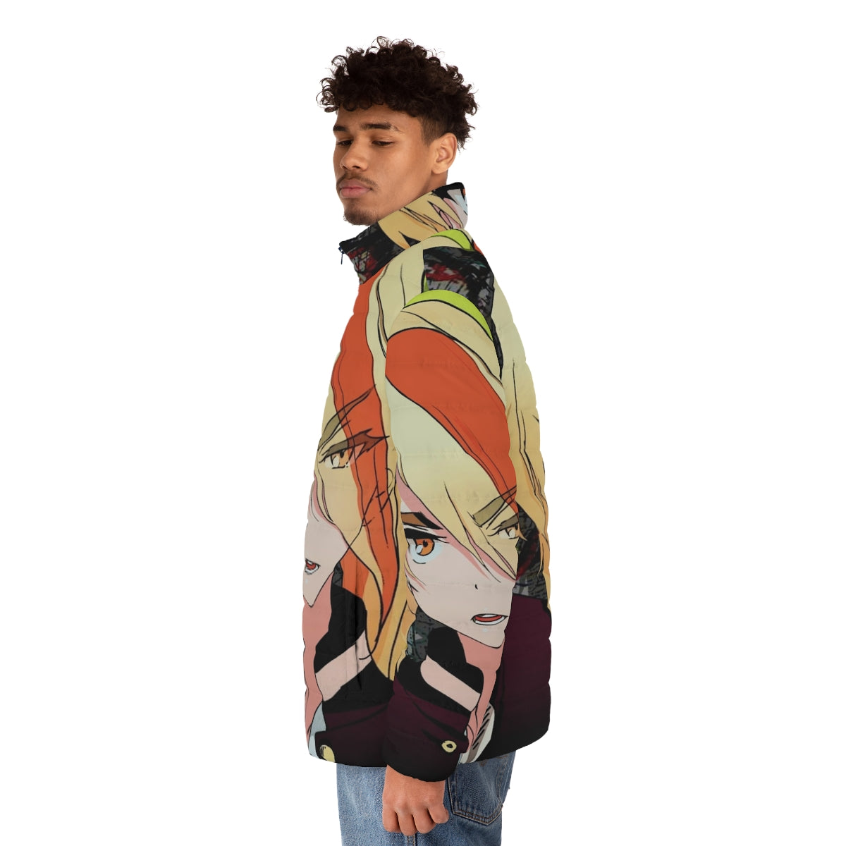 Nikaidou Saki wearing a puffer jacket with a graffiti design, from the Zombieland Saga anime series - men side left