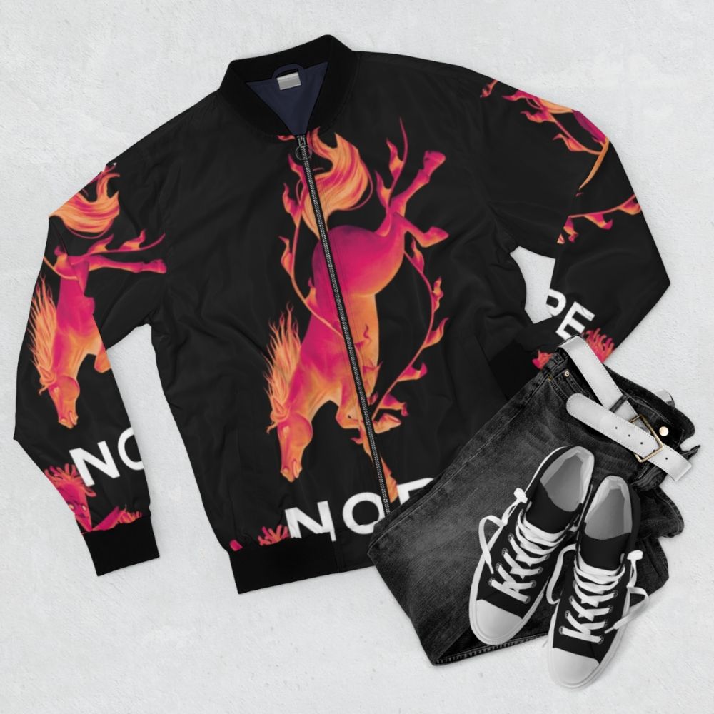 Nope movie-inspired bomber jacket with horror and sci-fi elements - Flat lay