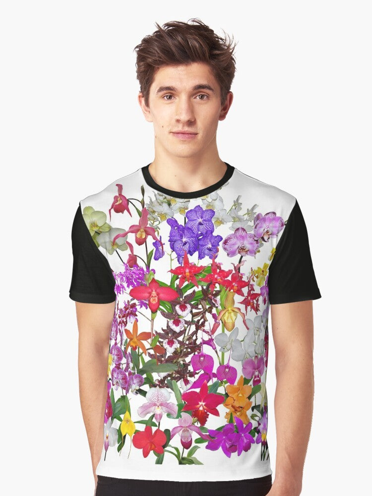 Vibrant orchid flower graphic t-shirt featuring a celebration of nature's floral beauty. - Men