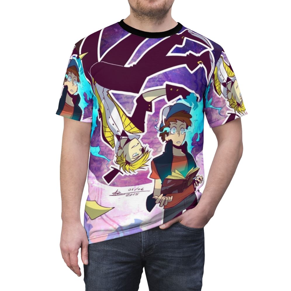 Gravity Falls inspired all-over-print t-shirt featuring Bill Cipher and Dipper Pines - men front