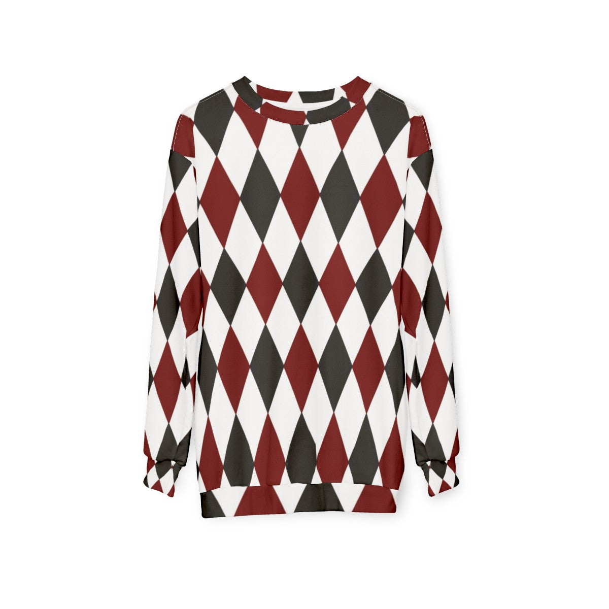 Black, white, and red harlequin diamond pattern sweatshirt - hanging