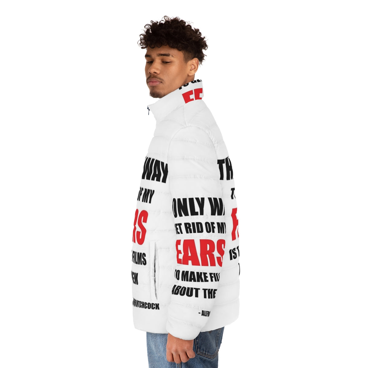 Alfred Hitchcock Quote Puffer Jacket featuring famous horror movie director's iconic quotes - men side left