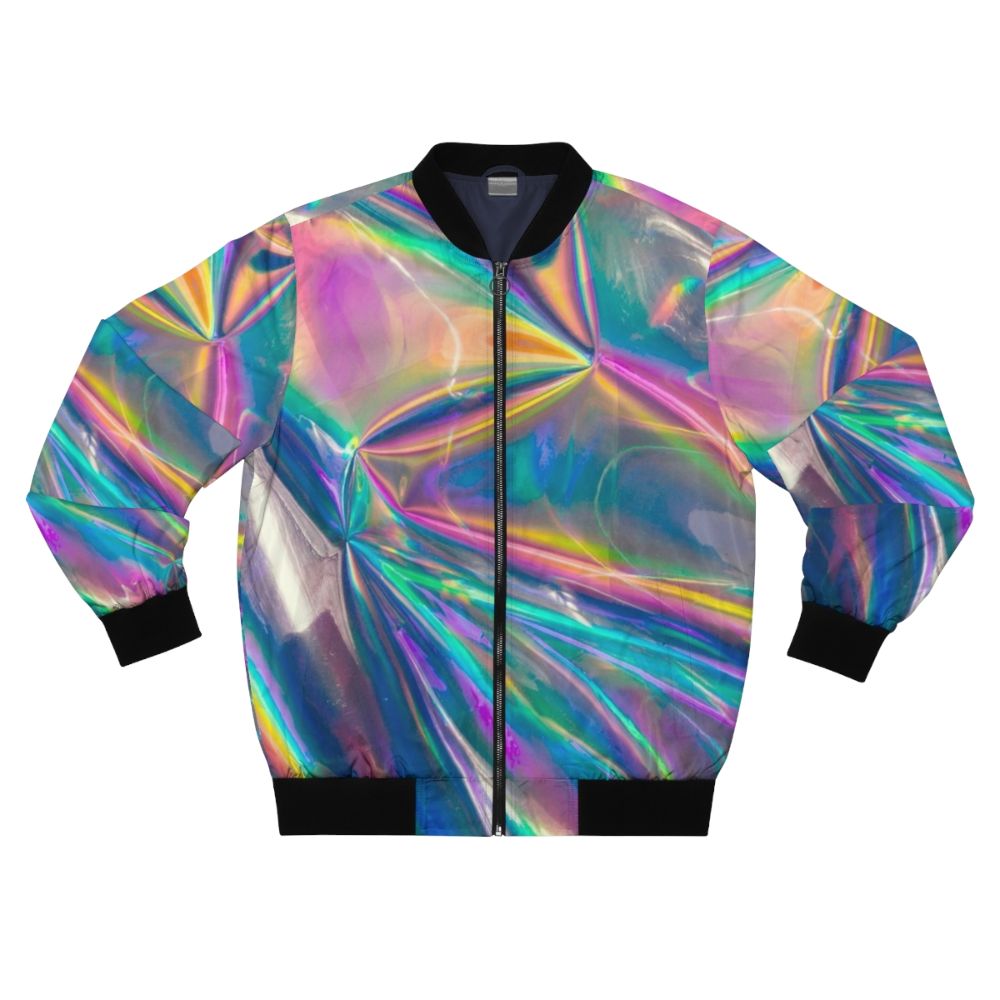 Holographic bomber jacket with vibrant, rainbow-like iridescent design