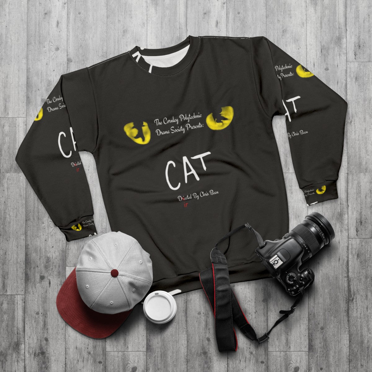 Cat inspired "The Play That Goes Wrong" sweatshirt - flat lay