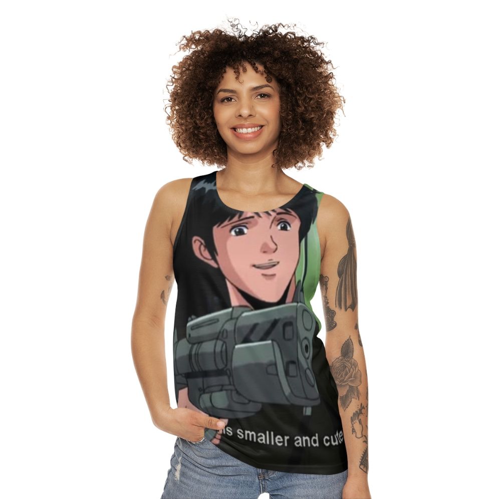 Unisex Anime-Inspired Military Tank Top with Gun Meme - women