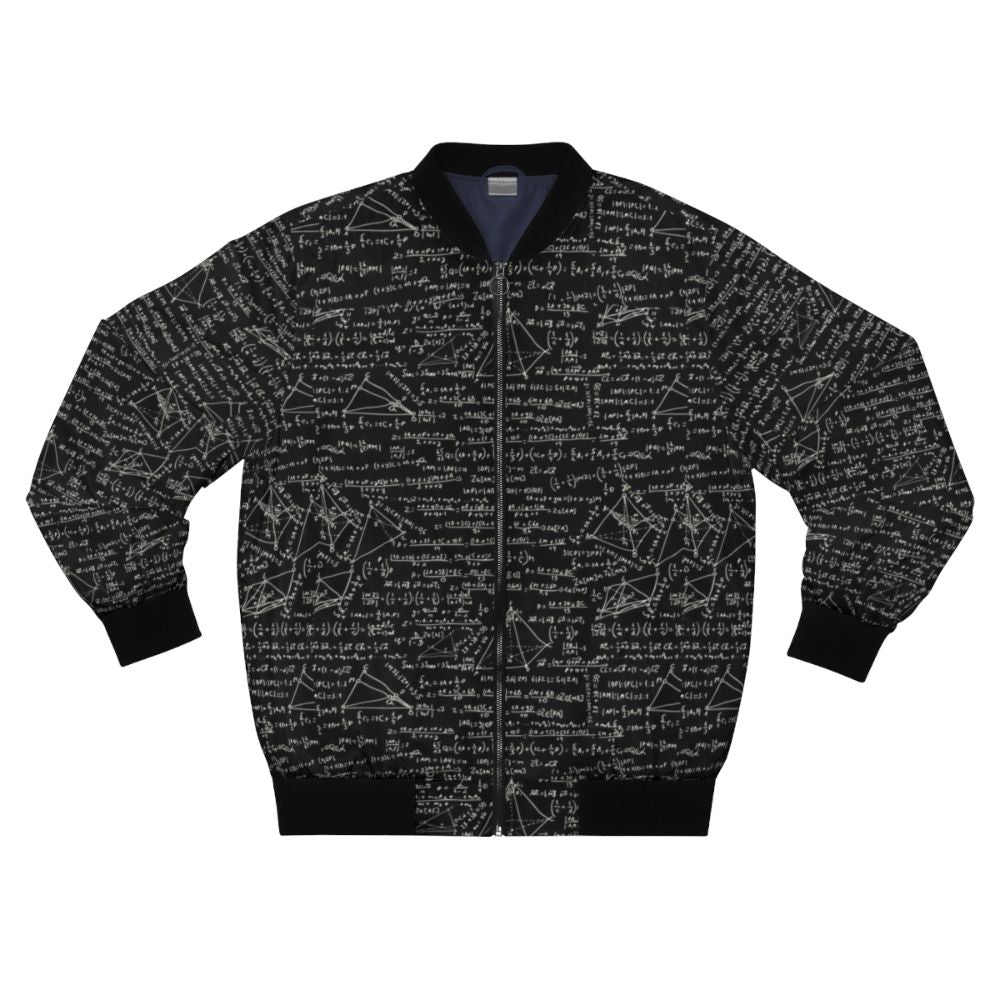 Bomber jacket with math equations, physics formulas, and geometric shapes