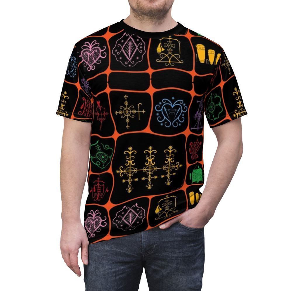 Marasa AOP T-shirt featuring a Haitian vodou inspired design - men front