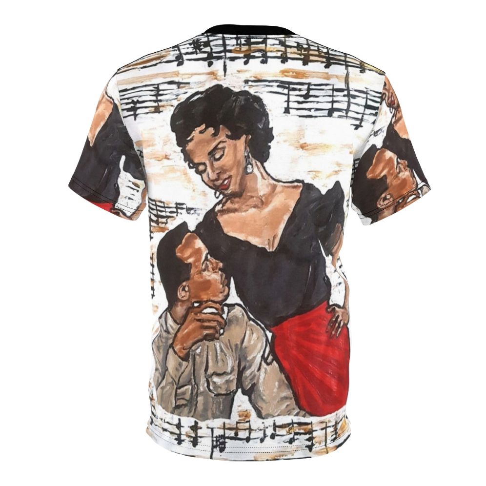 Vintage-inspired T-shirt featuring a Carmen Jones-themed design with musical elements and references to Black Hollywood glamour. - Back