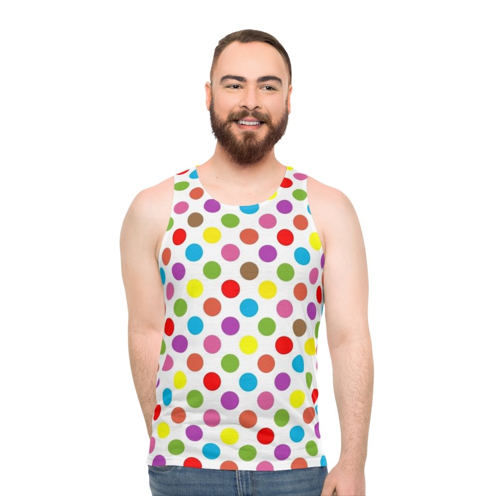 Vibrant rainbow polka dot unisex tank top - men