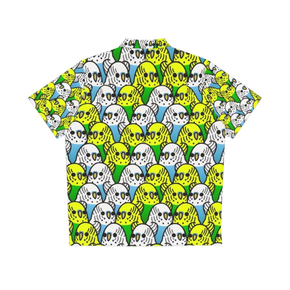 Tropical Hawaiian shirt with a colorful bird pattern featuring cockatiels, cockatoos, macaws, parakeets, and budgies. - Back