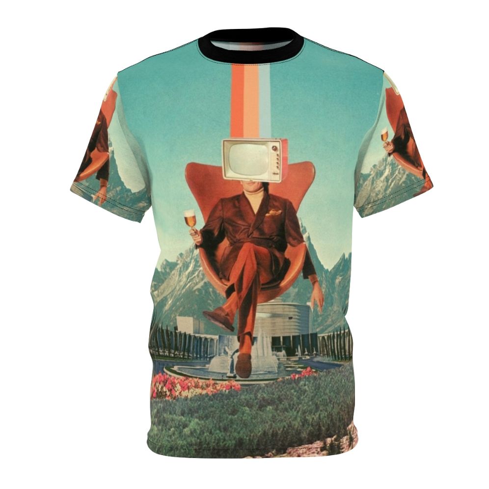 Surreal pop art collage design featuring a man, TV, mountains, and furniture in a multicolor, vintage-inspired graphic on a t-shirt.