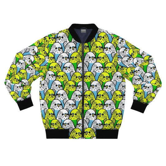 Colorful bird-themed bomber jacket with the text "Too Many Birds! Budgie Squad 1"