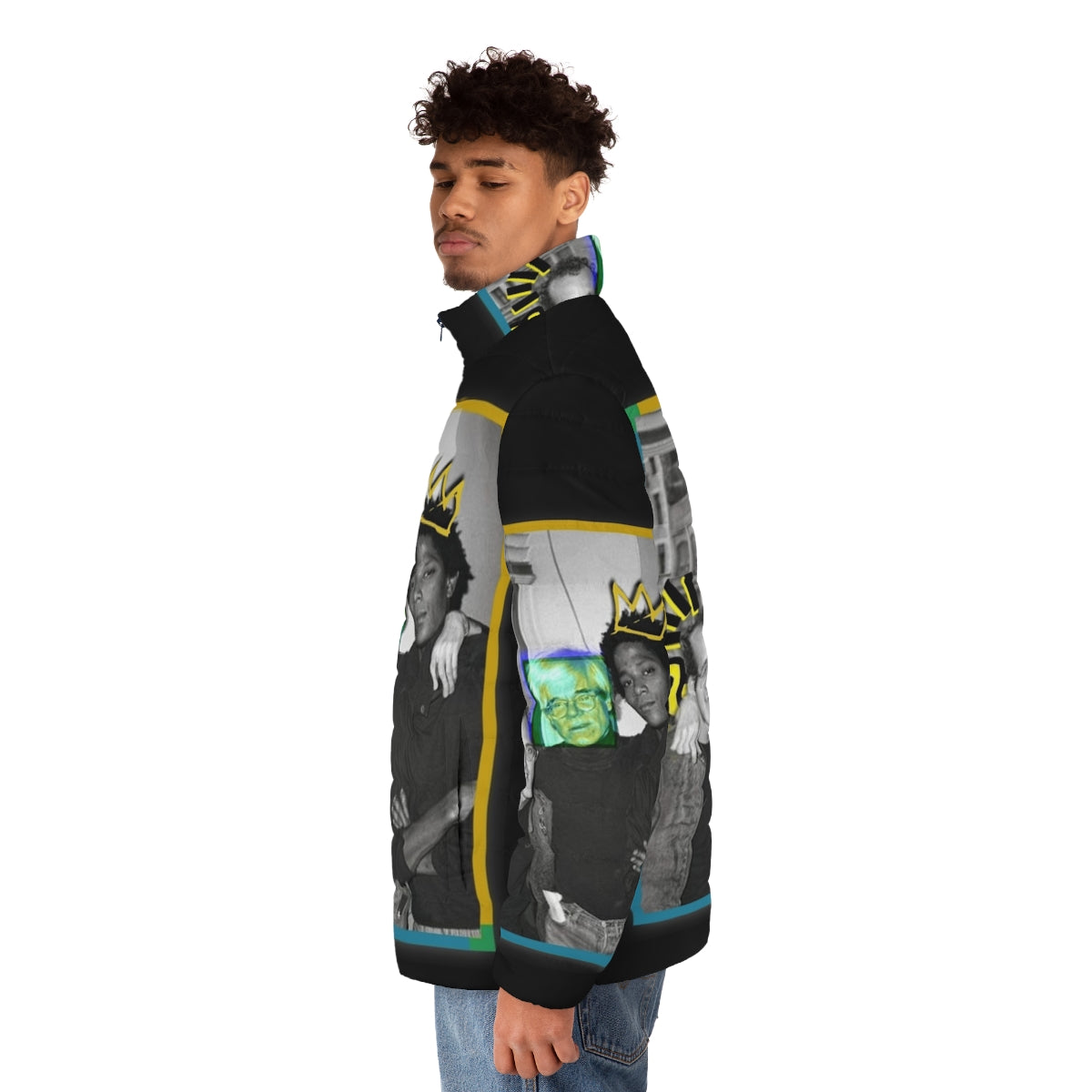 Vibrant puffer jacket with Andy Warhol-inspired photo print - men side left