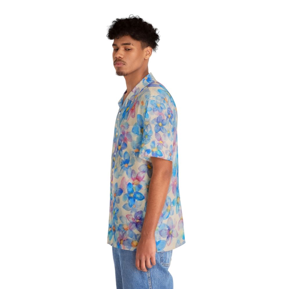 Blue watercolor flower buds painting on a Hawaiian shirt - People Left