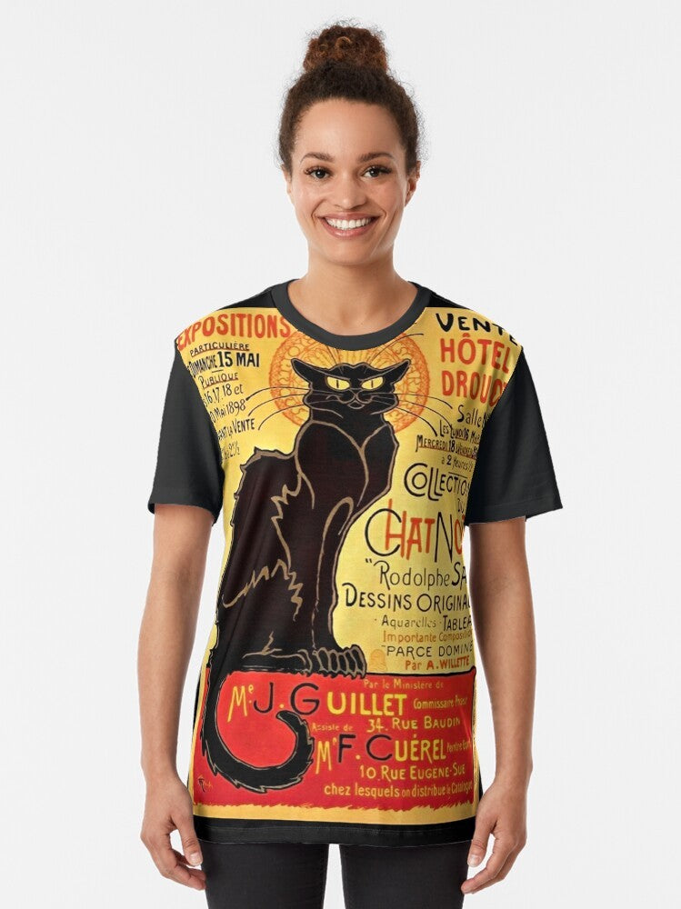 Vintage-style graphic tee featuring the iconic "Chat Noir" advertisement from 1896 in Paris, France. - Women